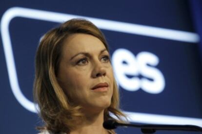 María Dolores de Cospedal, ayer en rueda de prensa en la sede del PP.