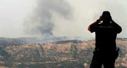 Un polic&iacute;a observa el incendio de Cerro Muriano.