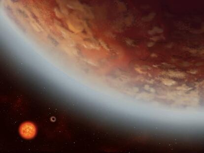 Recreació del planeta K2-18B, al costat de K2-18C. Tots dos orbiten l'estrella nana vermella K2-18 a 111 anys llum de distància.