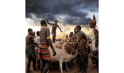 En el valle del Omo, Etiopía, un hombre hamer participa en una ceremonia de salto de ganado.
