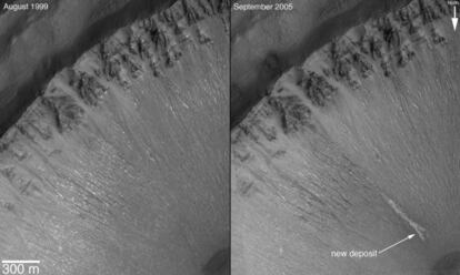 La comparación de las imágenes de la izquierda y la derecha, tomadas hace más de una década por la sonda 'Mars Global Surveyor', ya sugerían que el agua fluye sobre Marte