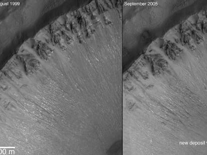 La comparación de las imágenes de la izquierda y la derecha, tomadas hace más de una década por la sonda 'Mars Global Surveyor', ya sugerían que el agua fluye sobre Marte