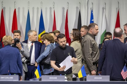 Volodímir Zelenski, durante el plenario de la cumbre de paz para Ucrania celebrada el pasado fin de semana en Suiza.