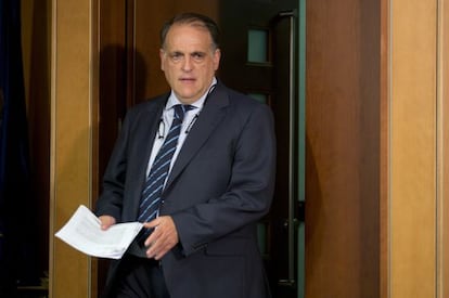 Tebas, ayer, en la rueda de prensa de la Liga.