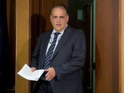 Tebas, ayer, en la rueda de prensa de la Liga.