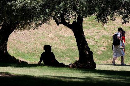 Una mujer descansa en la sombra en el Parque Lineal del Manzanares, Madrid.
