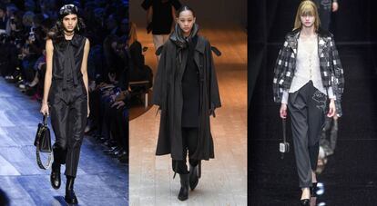 De izquierda a derecha: adiós al pantalón pitillo en los desfiles de Dior, Céline y Armani.
