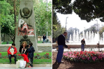 A la izquierda, el monolito dedicado a Franco en la Glorieta de Orihuela. A la derecha, el lugar, ayer, tras la retirada del monumento.