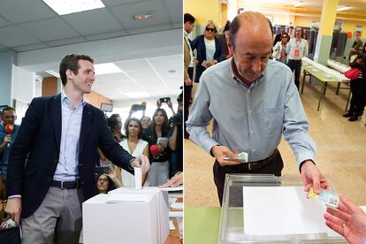 Pablo Casado y Alfredo Pérez Rubalcaba. En las primarias del PP de 2018, de las que salió vencedor, el ahora candidato a la Presidencia del Gobierno Pablo Casado también apostó por un look de americana y camisa azul claro, pero sin corbata. Nada de trajes, en un guiño clásico pero informal, con cinturón, pantalón gris claro y chaqueta sin abrochar. Y en las elecciones europeas de 2014 el socialista votó en mangas de camisa, una elección muy habitual cuando los comicios coinciden en primavera. Blanco y azul son los colores por los que suelen decantarse los políticos, una puesta segura que transmite sensación de transparencia y fiabilidad.