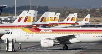 Iberia planes on the tarmac at Terminal 4 of Barajas airport in Madrid.