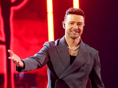Justin Timberlake on stage during the 2024 iHeartRadio Music Awards at Dolby Theater on April 1, 2024 in Hollywood, California.