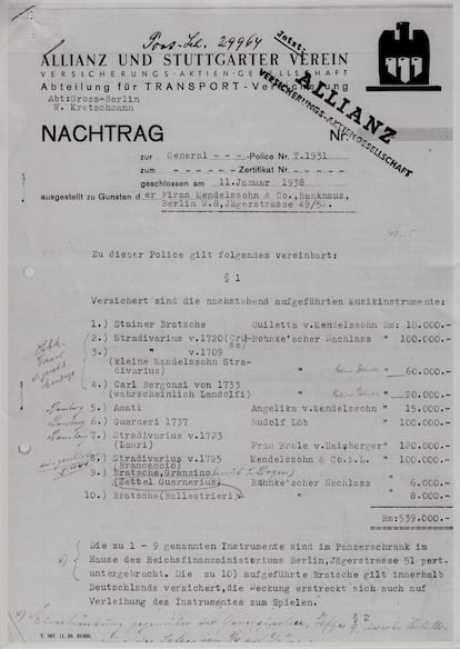 Póliza de seguro de la colección de instrumentos de Franz von Mendelssohn, donde figura el Stradivarius ‘Mendelssohn’ de 1709, previa a la liquidación del Banco Mendelssohn por el Ministerio de Finanzas del Reich.
