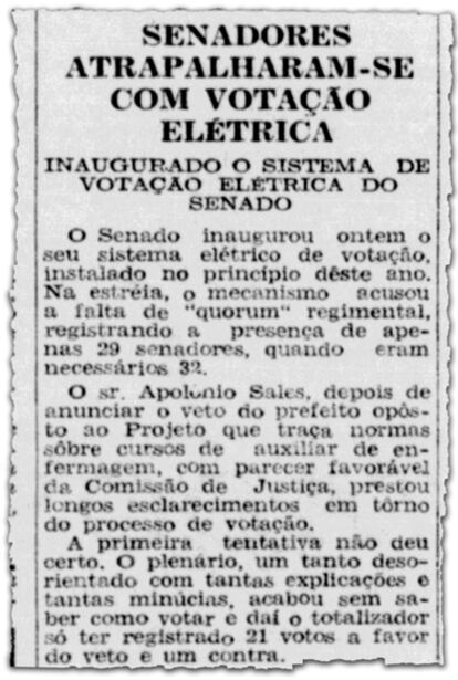 Jornal Tribuna da Imprensa noticia dificuldades dos senadores com o novo sistema elétrico de votação em 1958