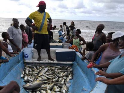 Miembros del grupo étnico garifuna rodean al pescador Santos Centeno para adquirir algo de pescado en la playa de Triunfo de la Cruz, en Honduras, el 5 de agosto de 2020.