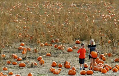 Una mujer lleva una calabaza en brazos para la fiesta de Halloween, en Broomfield (Estados Unidos).