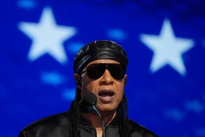 Singer Stevie Wonder during his speech at the Democratic Convention on Wednesday.