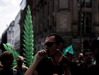 Activists demonstrating for the legalization of marijuana march in the annual Hemp Parade (Hanfparade) on August 13, 2022 in Berlin, Germany.