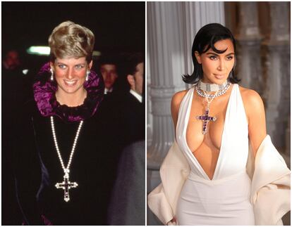 Diana de Gales, con el colgante en forma de cruz de amatista en 1987, y Kim Kardashian, luciendo el mismo collar en la fiesta del museo LACMA, el 2 de noviembre de 2024.