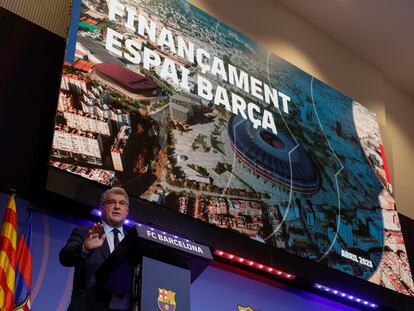 El presidente del Barcelona, Joan Laporta, este jueves en su comparecencia para detallar la financiación para ejecutar las obras del Espai Barça.