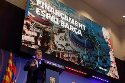 El presidente del Barcelona, Joan Laporta, este jueves en su comparecencia para detallar la financiación para ejecutar las obras del Espai Barça.