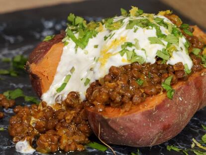 Spiced lentils with sweet potato and yogurt.