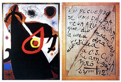 Reproducción del falso <i>miró</i> apuñalado por Camilo José Cela, con la inscripción en su reverso.