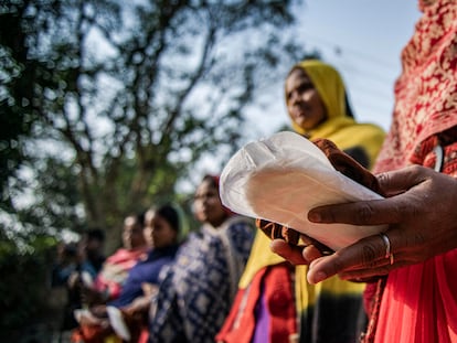 Campaña de concienciación sobre toallas sanitarias del Programa de Gestión de la Higiene Menstrual, organizado por Unicef en India, en 2022.