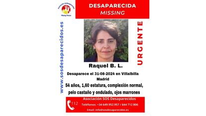 Hallan muerta a la mujer desaparecida en Villalbilla y detienen a su marido
REMITIDA / HANDOUT por SOS DESAPARECIDOS
Fotografía remitida a medios de comunicación exclusivamente para ilustrar la noticia a la que hace referencia la imagen, y citando la procedencia de la imagen en la firma
11/09/2024