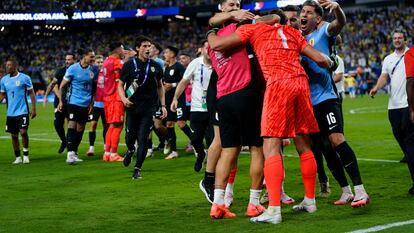 Jul 6, 2024; Las Vegas, NV, USA; Uruguay celebrates after defeating Brazil at Allegiant Stadium. Mandatory Credit: Lucas Peltier-USA TODAY Sports
