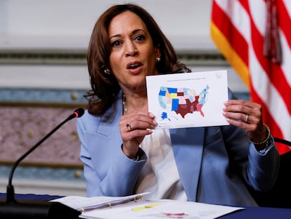 U.S. Vice President Kamala Harris delivers remarks at the first meeting of the interagency Task Force on Reproductive Healthcare Access, in Washington, August 3, 2022.