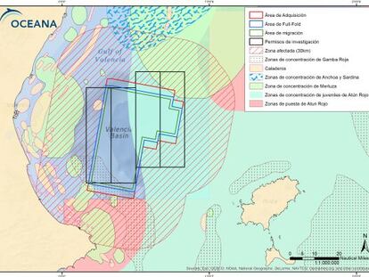 Mapa del Golfo de Valencia y la zona de influencia de las &aacute;reas de prospecci&oacute;n.