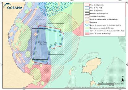 Mapa del Golfo de Valencia y la zona de influencia de las áreas de prospección.