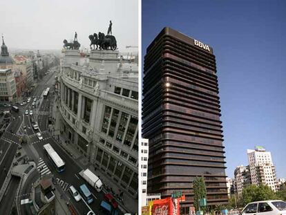 Dos de los edificios vendidos en Madrid por el BBVA; el situado en la calle de Alcalá y, al lado, el del paseo de la Castellana.