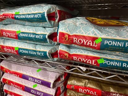 Rice is on display at Little India, an Indian grocery store in New York on Saturday, July 29, 2023.