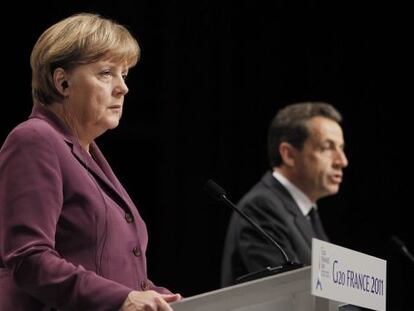 Merkel y Sarkozy durante la cumbre del G-20