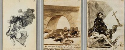 De izquierda a derecha, <i>Bajar riñendo</i>, <i>El aguacil Lampiños cosido dentro de un caballo muerto</i> y <i>Arrepentimiento</i>, dibujos de Goya de los que no se sabía nada desde 1877.