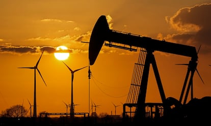 A pumpjack of Wintershall DEA extracting crude oil at an old oil field in Emlichheim, Germany, on March 18, 2022.