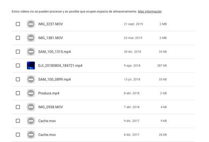 Lista con los vídeos 'no admitidos' por Google Fotos.