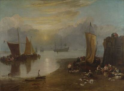 'Sun rising through Vapour: Fishermen cleaning and selling Fish' obra de Turner de 1807.