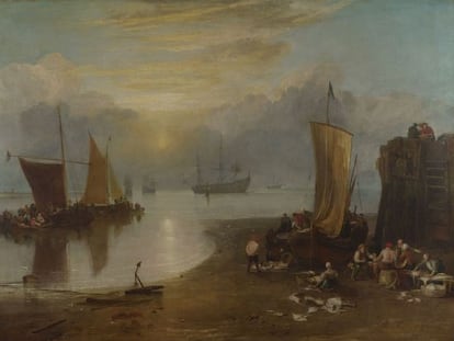 'Sun rising through Vapour: Fishermen cleaning and selling Fish' obra de Turner de 1807.
