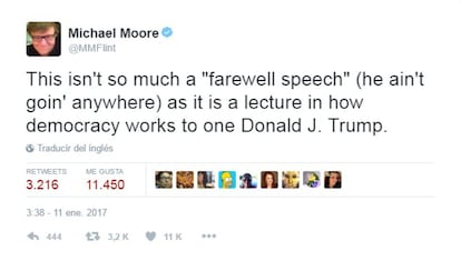 "Esto no es tanto un discurso de despedida (él no se va a ningún lado), es una lectura de cómo funciona la democracia, dedicada a Donal J. Trump", dice Michael Moore en su Twitter.