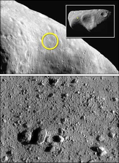 Fotografías del asteroide Eros en el lugar donde cayó la <I>Near</I> (arriba) y detalle de la superficie en una imagen de alta resolución.