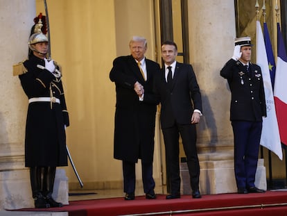 French President Emmanuel Macron (right) welcomed his American counterpart Donald Trump at the Elysee Palace in Paris on Saturday.