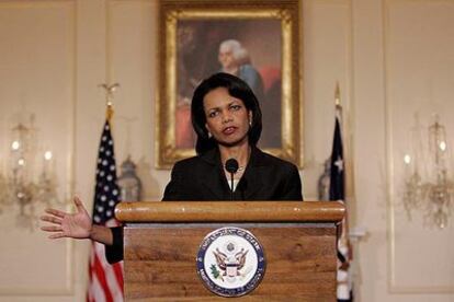 Condoleezza Rice, durante la rueda de prensa ofrecida este miércoles en el Departamento de Estado de Washington.