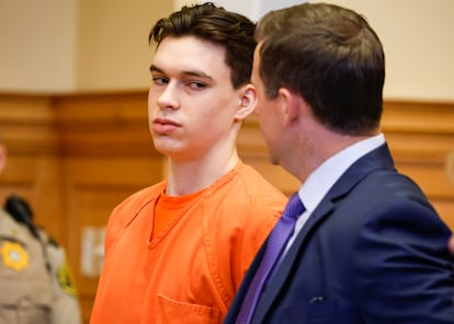 Willard Miller looks at one of his attorneys Nathan Olson during his sentence hearing at the Jefferson County Courthouse in Fairfield, Iowa, Thursday, July 6, 2023.