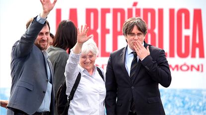 Desde la izquierda, los eurodiputados Toni Comín, Clara Ponsatí y Carles Puigdemont, en una imagen de archivo.