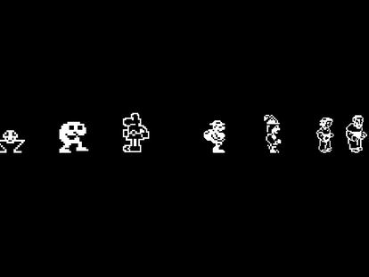 Logo de 'Press Start', compuesto por los avatares de los videjuegos españoles 'La pulga', 'Profanation', 'Sir Fred', 'Livingston Supongo', 'Las tres luces de Glaurung' y 'La Abadía del Crimen'