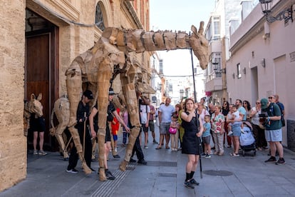 El desfile de las marionetas de 'La Estampida', a su paso por las calles de San Fernando, en Cádiz.