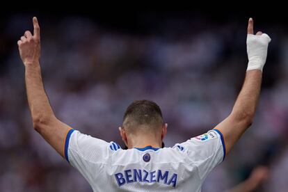 Benzema celebra el gol frente al Espanyol. El francés es, con 26 tantos hasta la fecha, el máximo goleador en la presente Liga. 