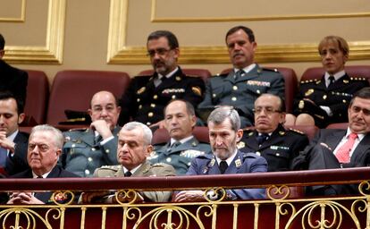 El jefe de Estado Mayor de la Defensa, general José Julio Rodríguez, entre otros cargos militares, durante el acto que del 30 aniversario del intento de golpe de estado del 23-F.